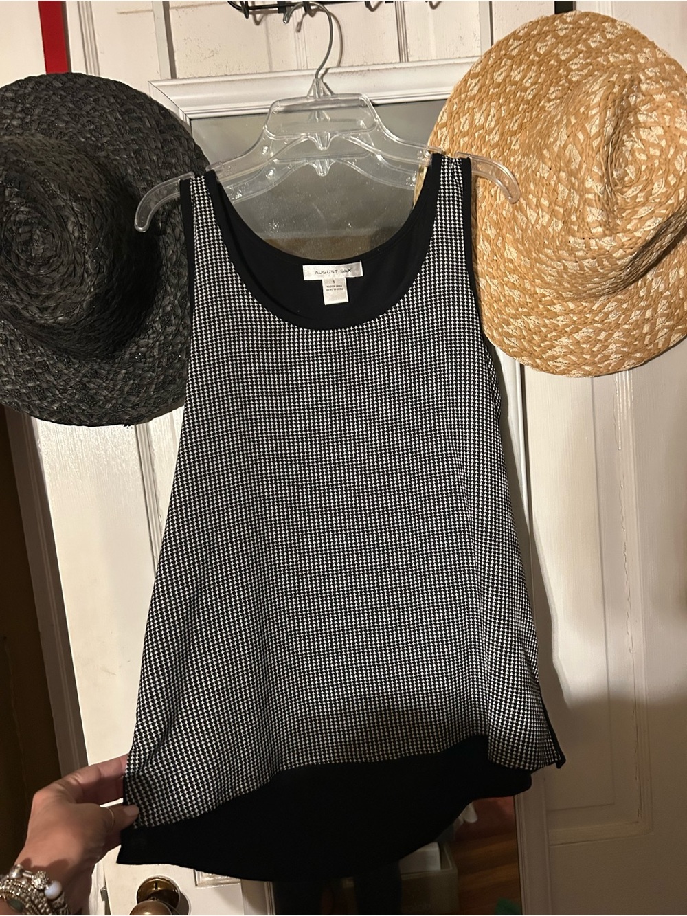 August Silk houndstooth front, solid black back tank top.